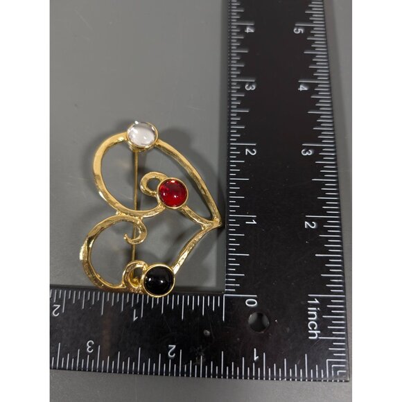 Vintage Gold Tone Heart Brooch Red Black Clear Cabochon Statement Bold - Picture 6 of 8